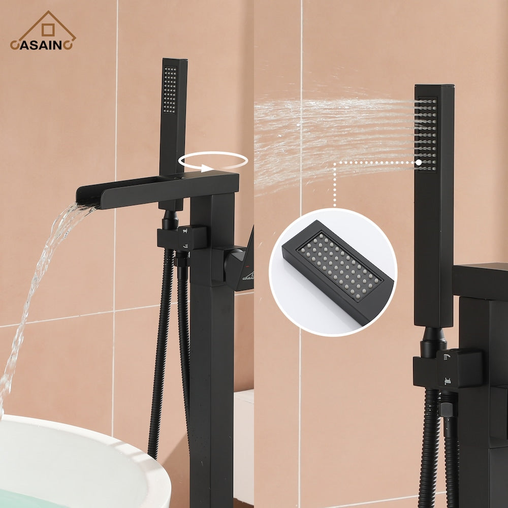 Single Handle Freestanding Waterfall Bathtub Faucet with Hand Held Shower in Matte Black