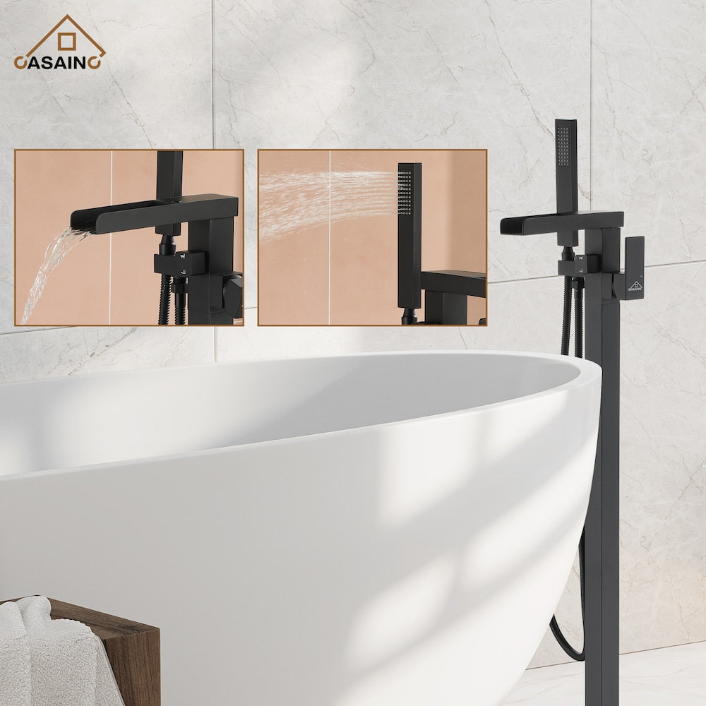 Single Handle Freestanding Waterfall Bathtub Faucet with Hand Held Shower in Matte Black