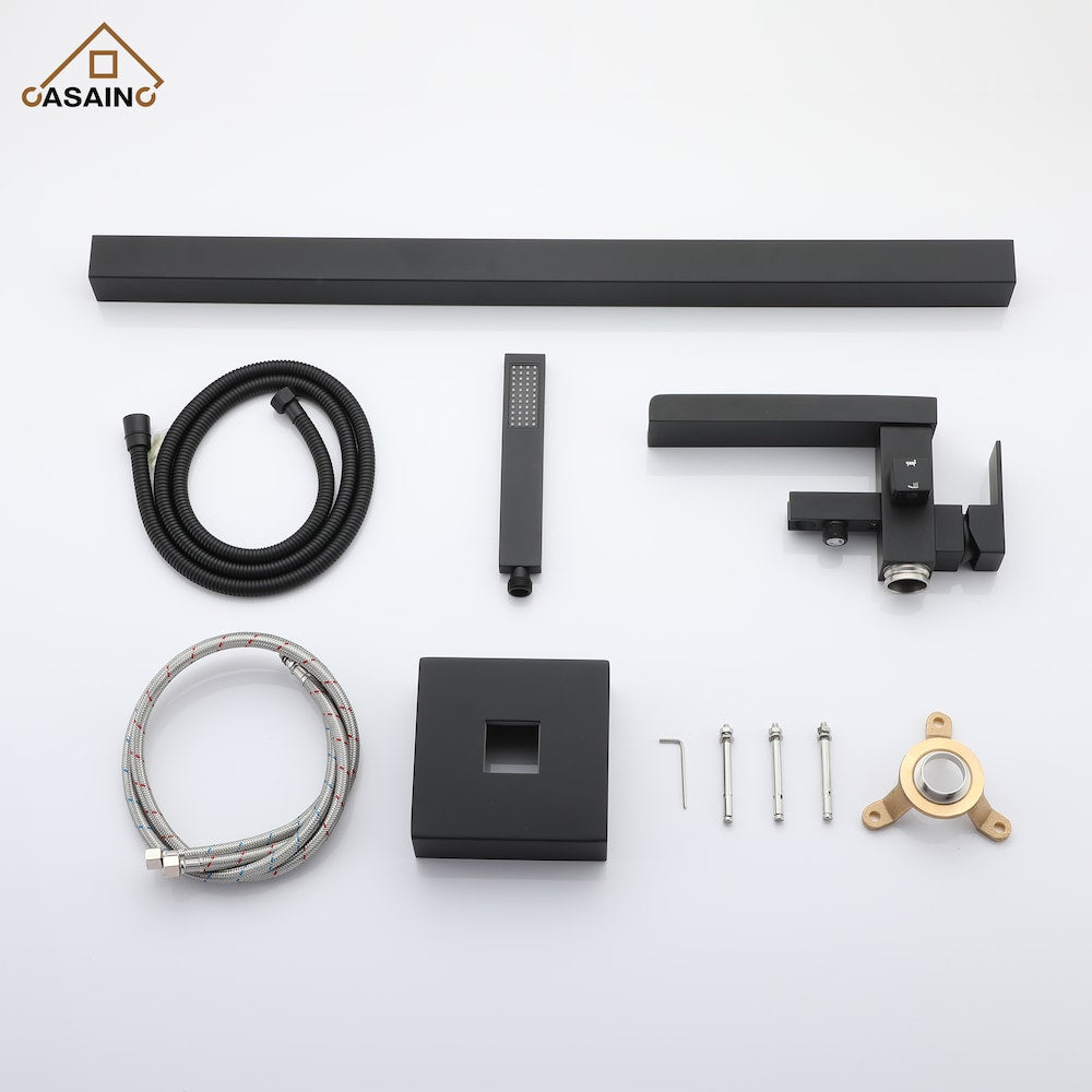 Single Handle Freestanding Waterfall Bathtub Faucet with Hand Held Shower in Matte Black