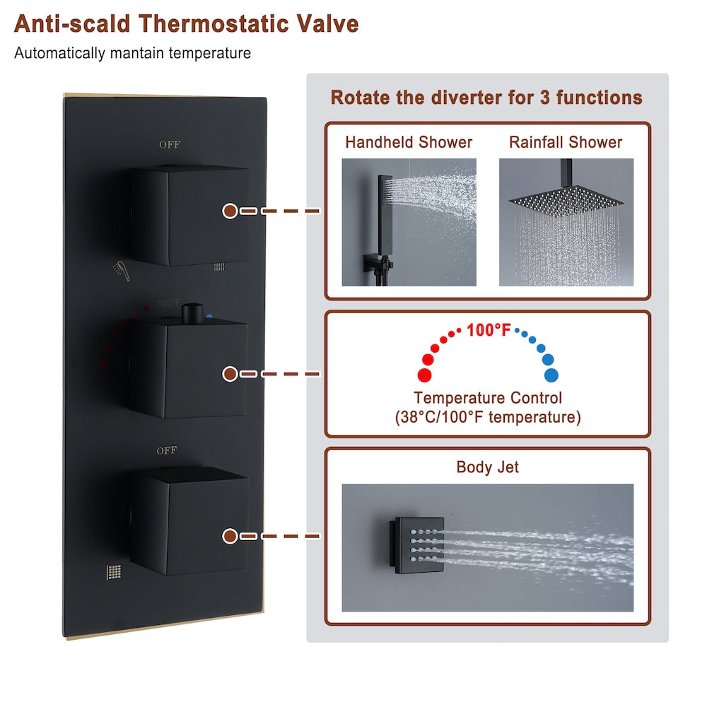 Black 3 Function Thermostatic shower Faucet