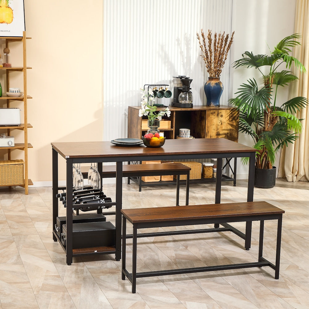 Rectangular Dining Table Set with Two Benches, 5-Bottle Wine Rack, for 4 People