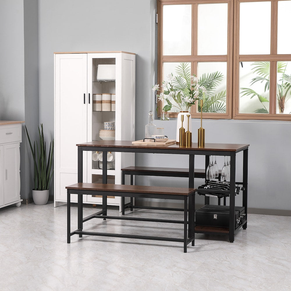 Rectangular Dining Table Set with Two Benches, 5-Bottle Wine Rack, for 4 People