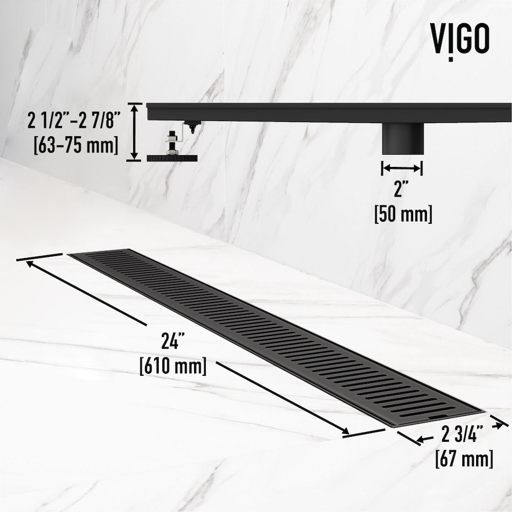 Drain de douche linéaire Elan 3" L x 24" L à motif rectangulaire en noir mat