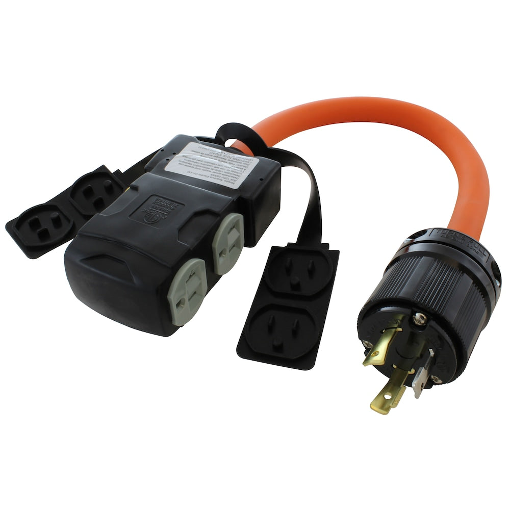 1.5FT L5-30P 30A 3-Prong Locking Plug to (4) Home Outlets with 20A Breakers