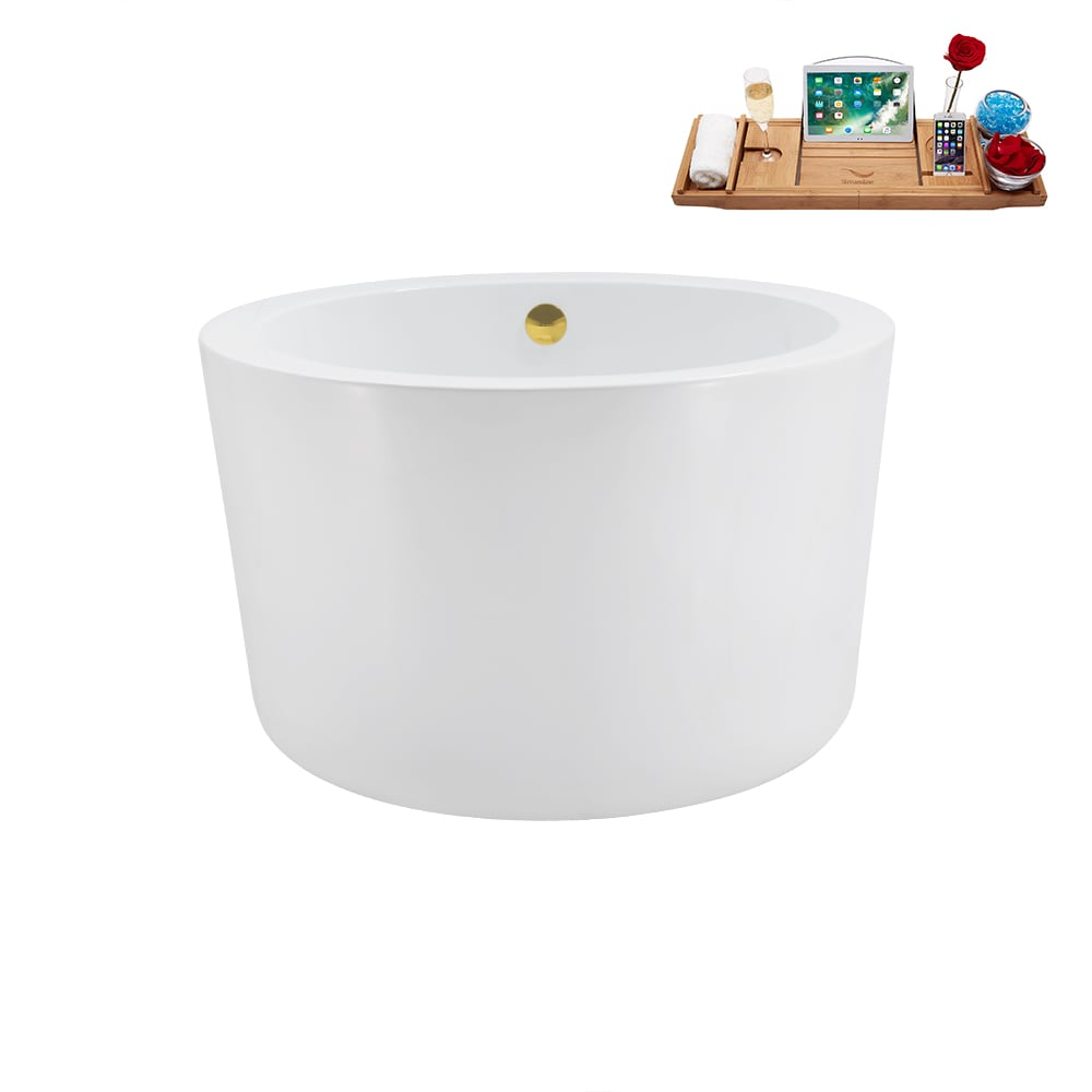 N3760GLD 41 inch Freestanding Round Acrylic Bathtub and Tray in Glossy White with Center Drain