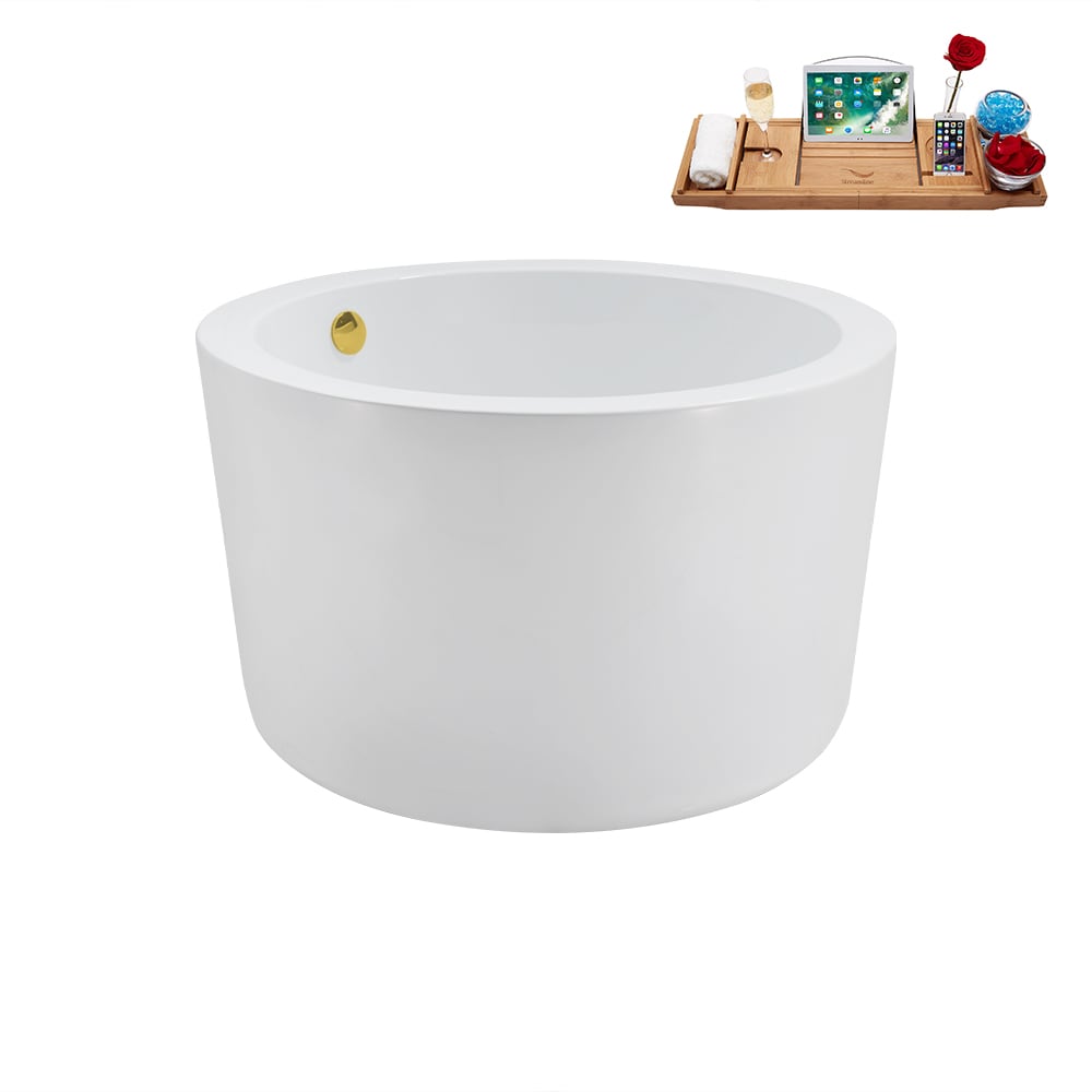 N3760GLD 41 inch Freestanding Round Acrylic Bathtub and Tray in Glossy White with Center Drain
