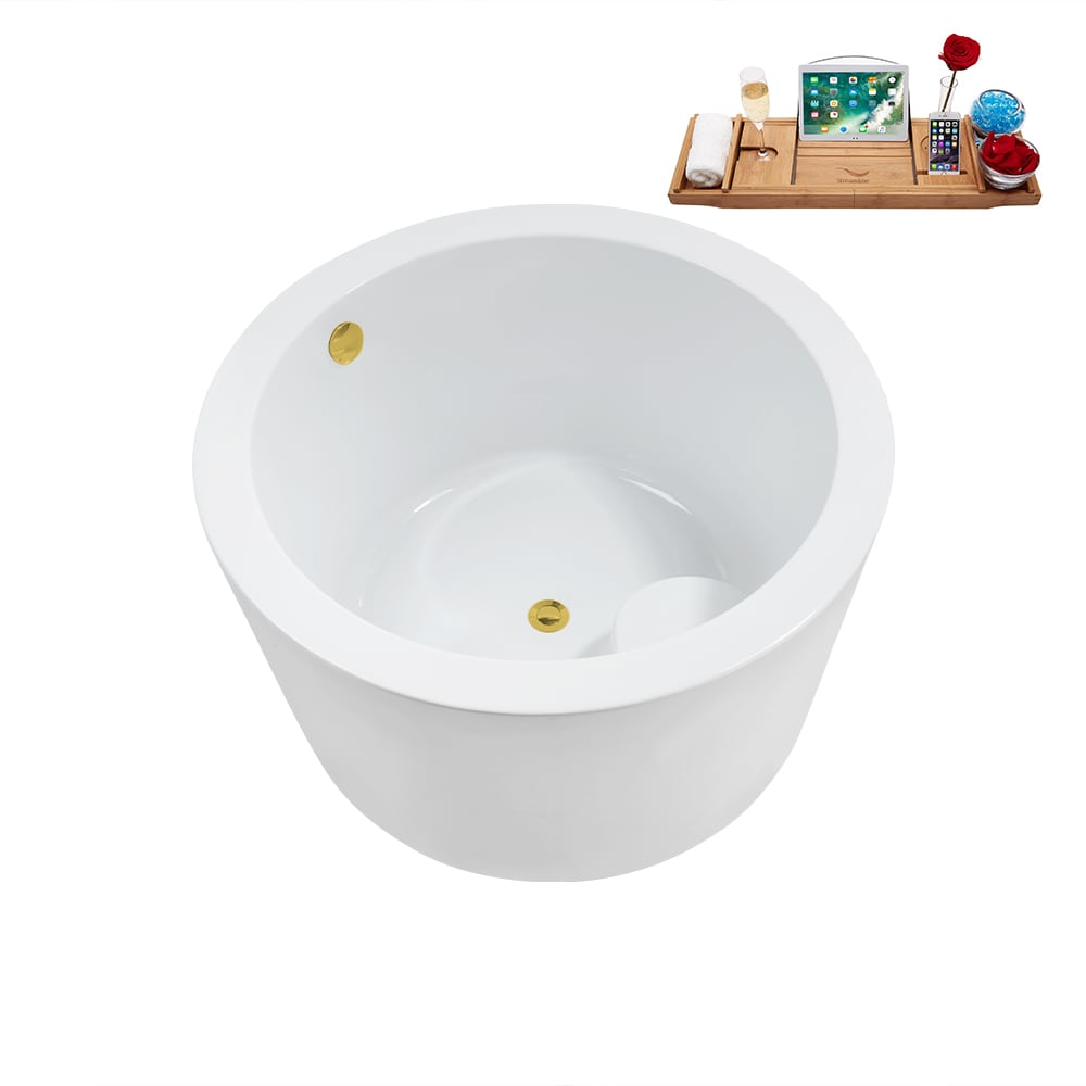 N3760GLD 41 inch Freestanding Round Acrylic Bathtub and Tray in Glossy White with Center Drain