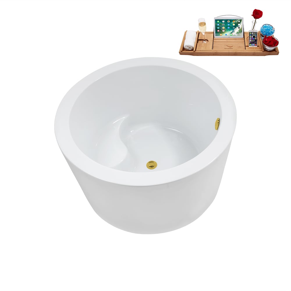 N3760GLD 41 inch Freestanding Round Acrylic Bathtub and Tray in Glossy White with Center Drain