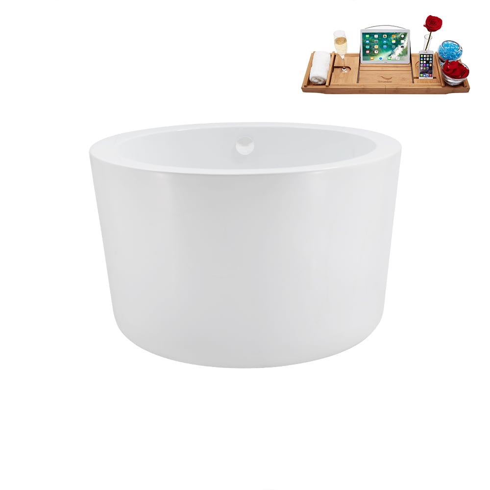Baignoire ronde autoportante en acrylique N3760WH de 41 pouces et plateau en blanc brillant avec drain central