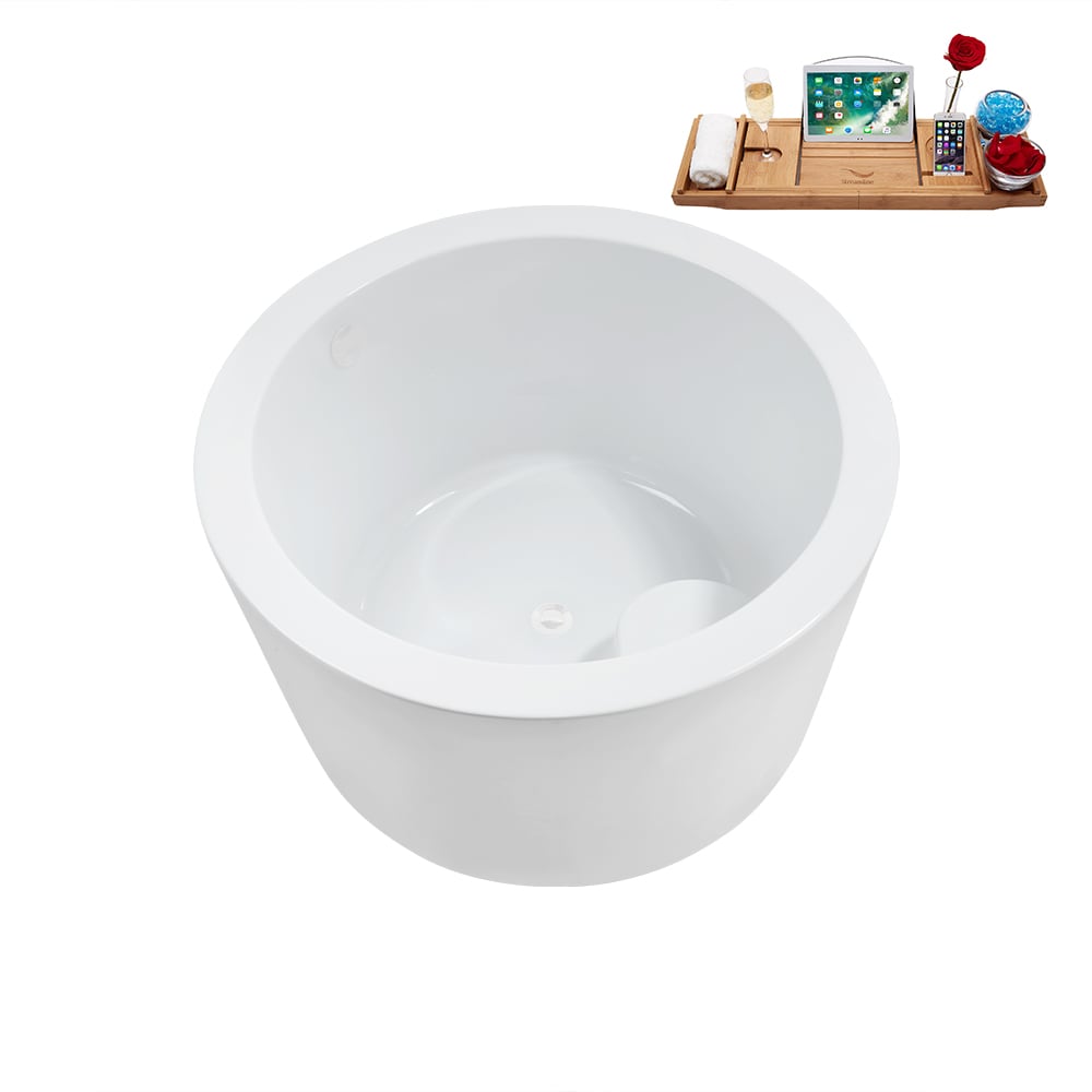 Baignoire ronde autoportante en acrylique N3760WH de 41 pouces et plateau en blanc brillant avec drain central