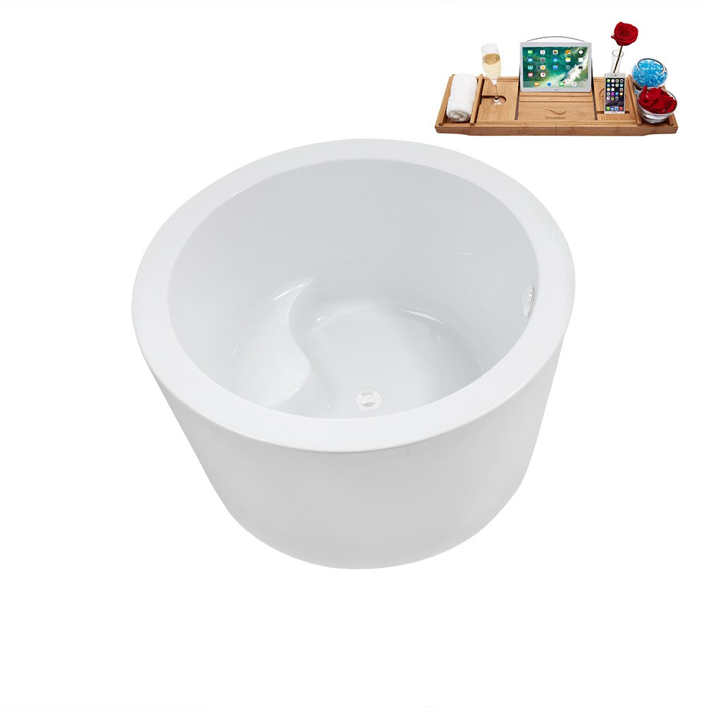 Baignoire ronde autoportante en acrylique N3760WH de 41 pouces et plateau en blanc brillant avec drain central