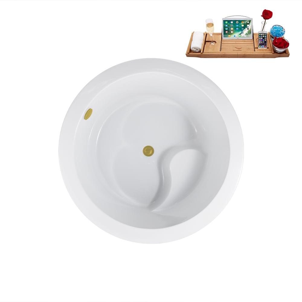 N3760BGL 41 inch Freestanding Round Acrylic Bathtub and Tray in Glossy White with Center Drain