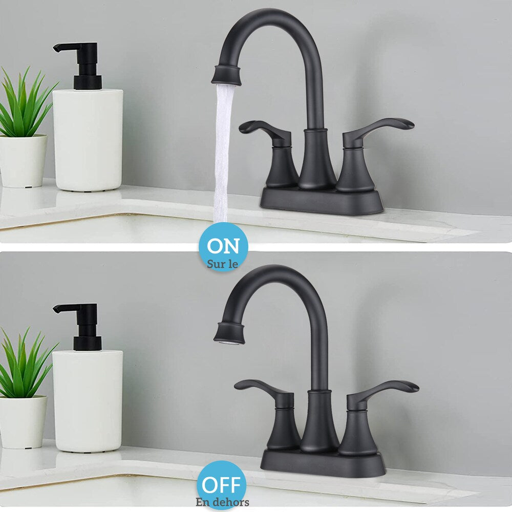 4 inch Centerset 2-Handle High Arc Bathroom Faucet with Drain Kit Included in Matte Black