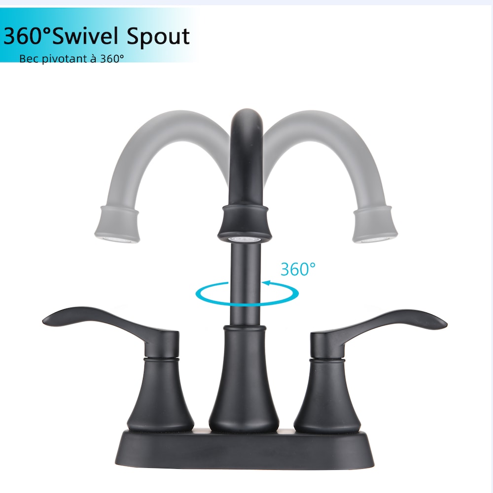 4 inch Centerset 2-Handle High Arc Bathroom Faucet with Drain Kit Included in Matte Black