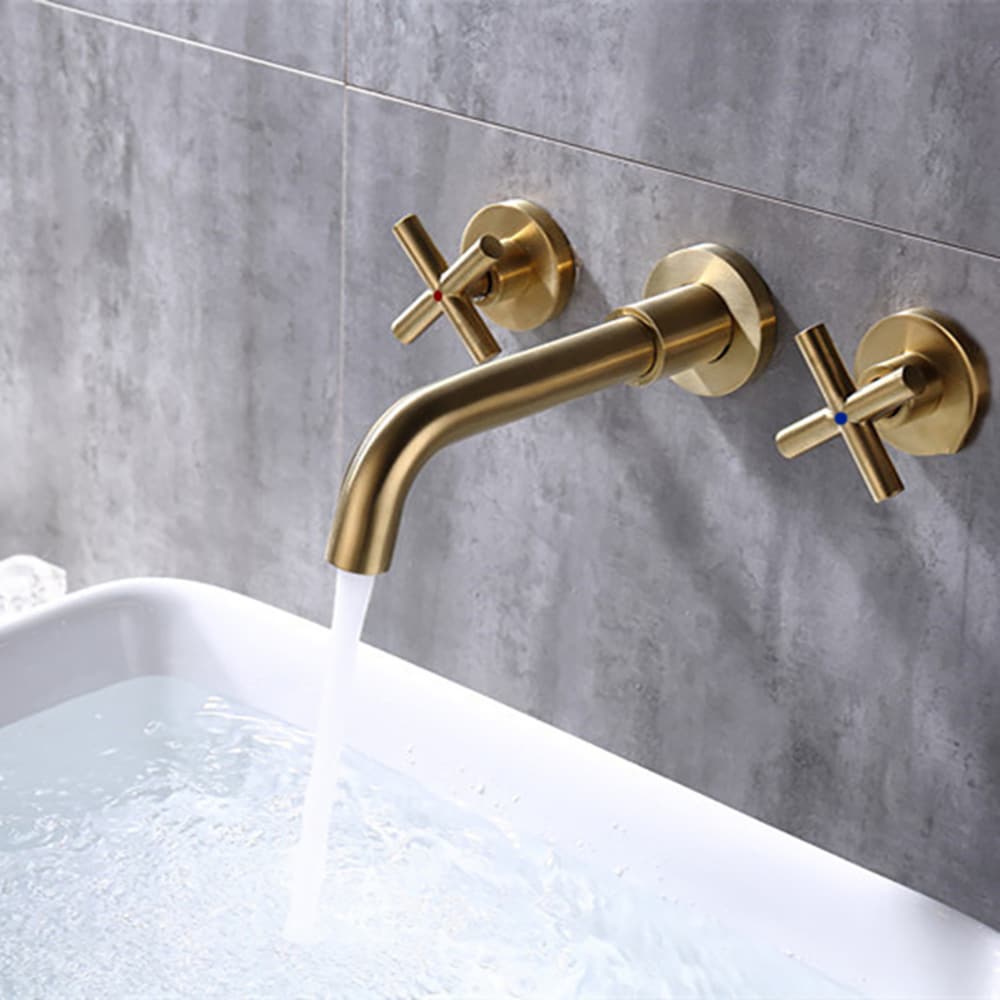 2-Handle Wall Mount Bathroom Faucet with Cross Handles in Brushed Gold