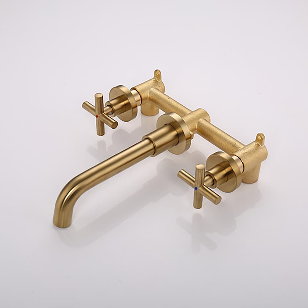 2-Handle Wall Mount Bathroom Faucet with Cross Handles in Brushed Gold