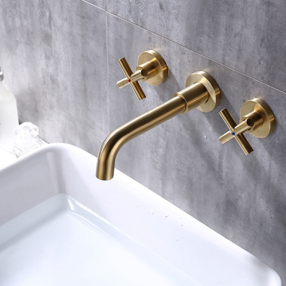 2-Handle Wall Mount Bathroom Faucet with Cross Handles in Brushed Gold