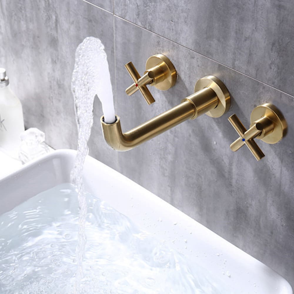 2-Handle Wall Mount Bathroom Faucet with Cross Handles in Brushed Gold