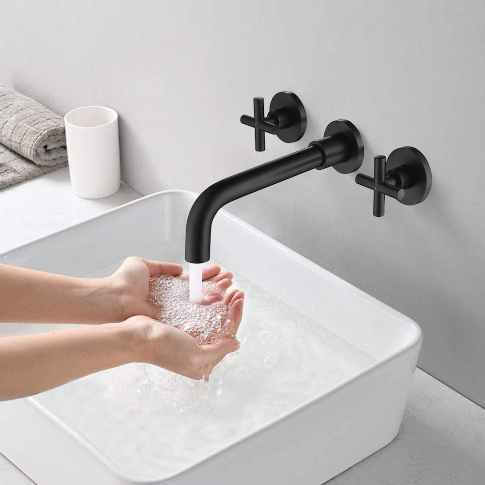 2-Handle Wall Mount Bathroom Faucet with Cross Handles in Matte Black