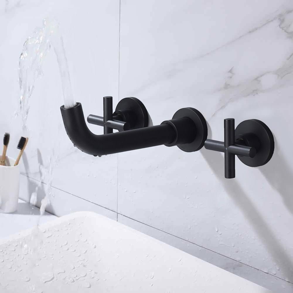 2-Handle Wall Mount Bathroom Faucet with Cross Handles in Matte Black