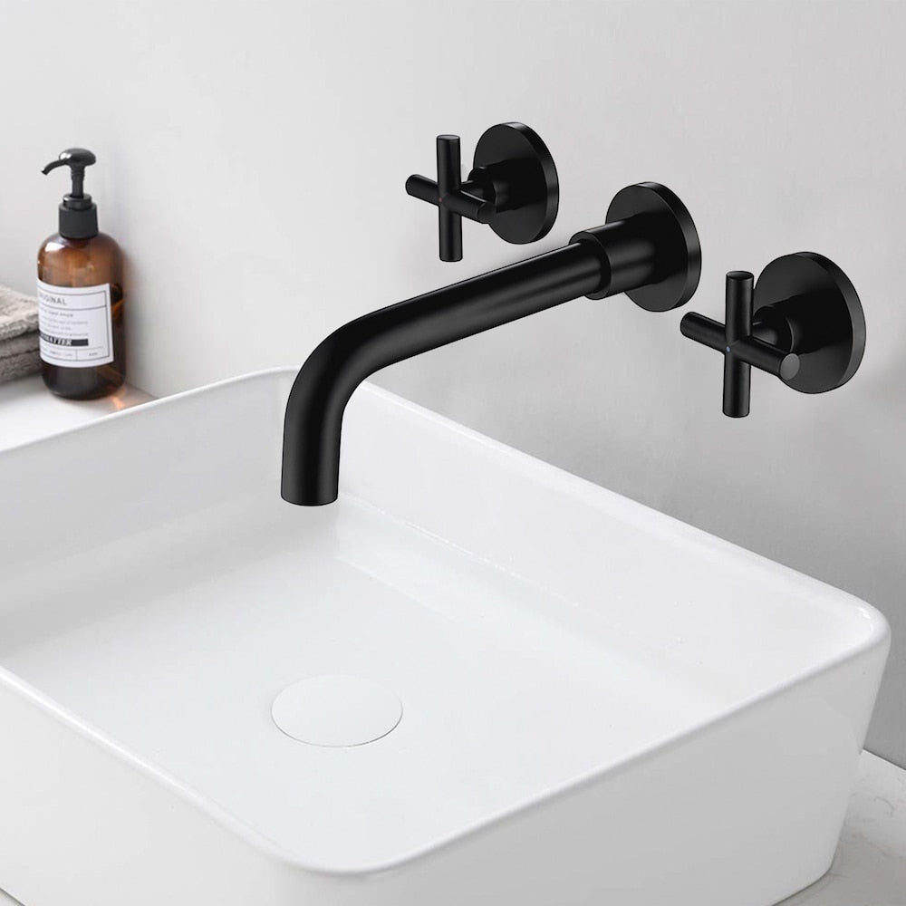 2-Handle Wall Mount Bathroom Faucet with Cross Handles in Matte Black