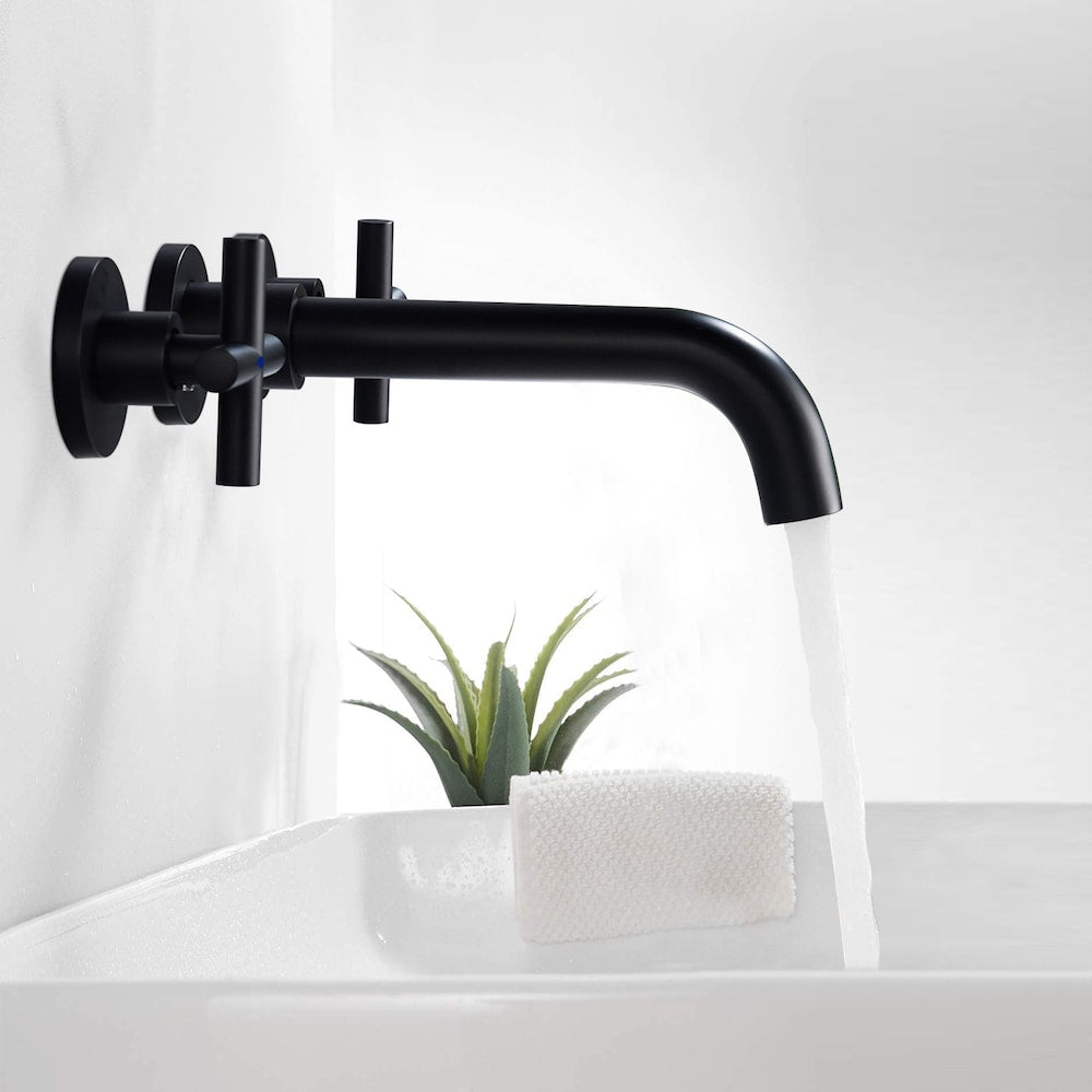 2-Handle Wall Mount Bathroom Faucet with Cross Handles in Matte Black