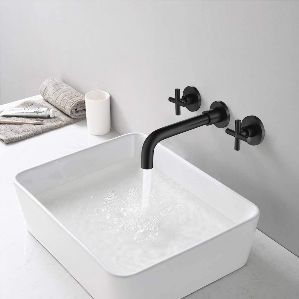 2-Handle Wall Mount Bathroom Faucet with Cross Handles in Matte Black