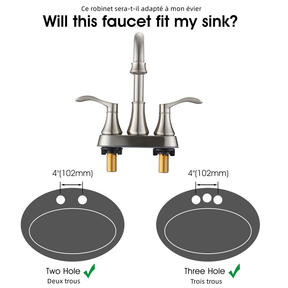 4 inch Centerset 2-Handle High Arc Bathroom Faucet with Drain Kit Included in Brushed Nickel