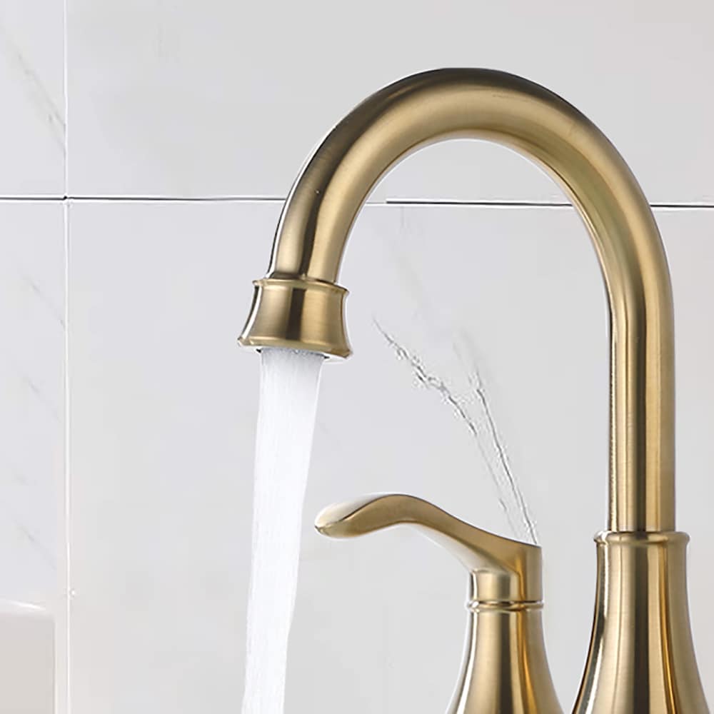 4 inch Centerset 2-Handle High Arc Bathroom Faucet with Drain Kit Included in Brushed Gold