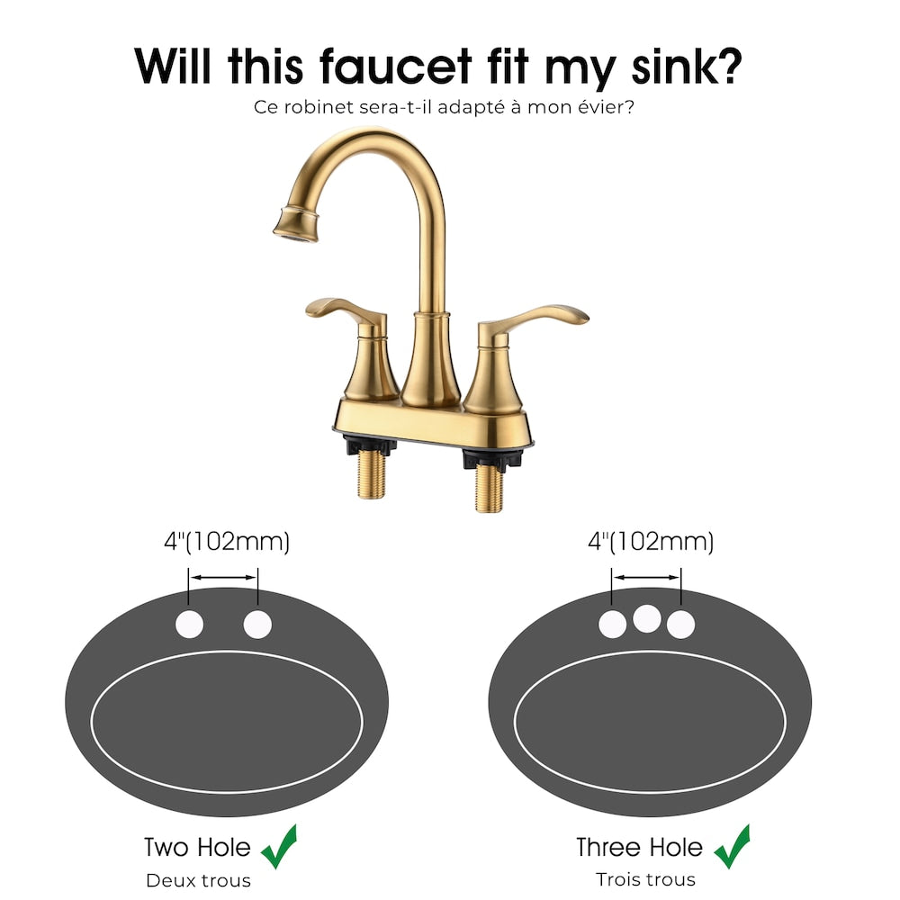 4 inch Centerset 2-Handle High Arc Bathroom Faucet with Drain Kit Included in Brushed Gold