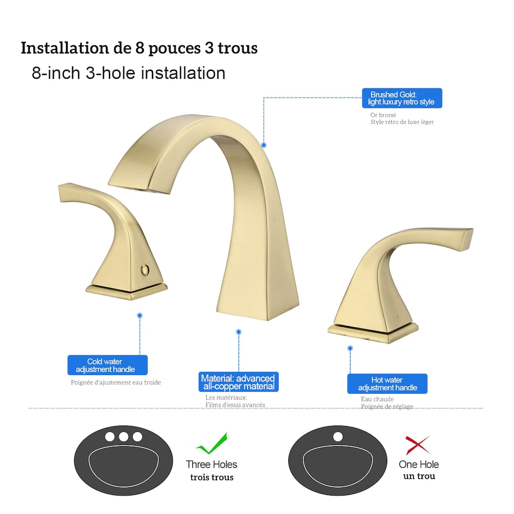 8 inch Widespread Double Handle Bathroom Faucet with Pop up Drain Assembly in Brushed Gold