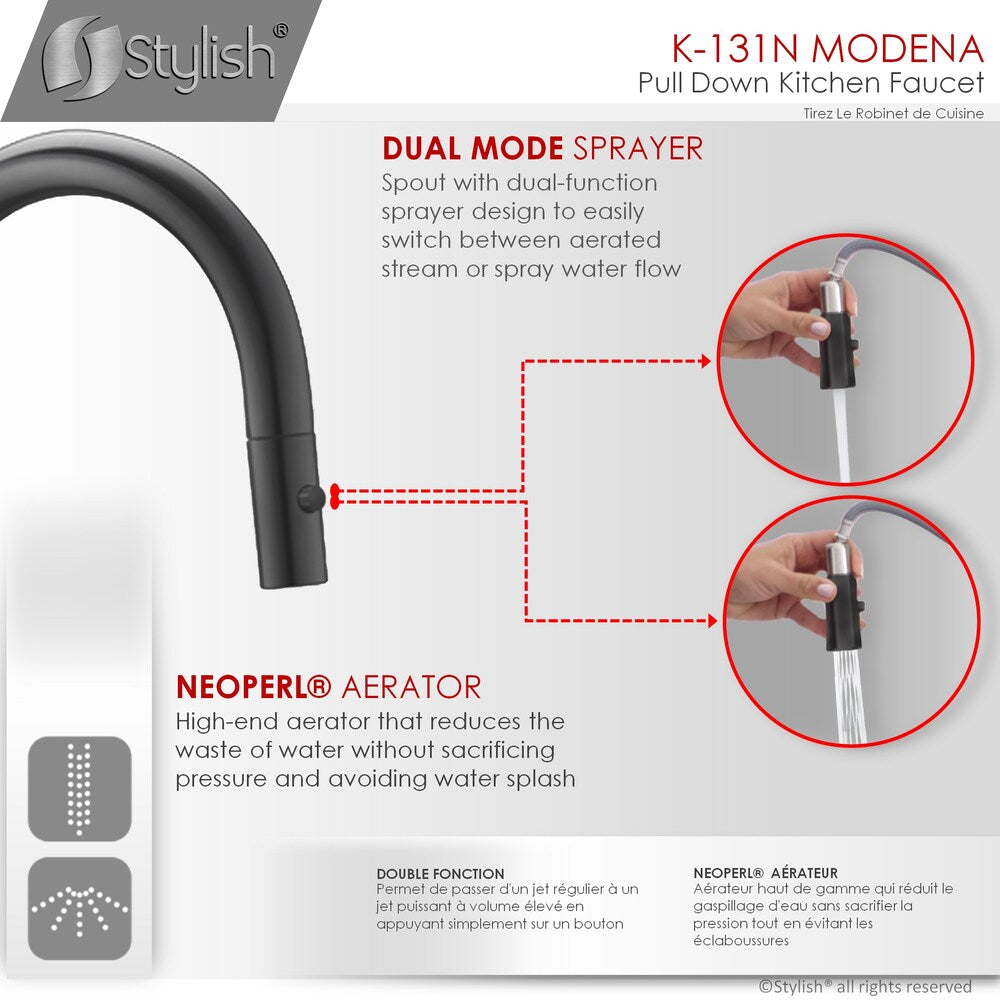 Modena Single Handle Pull Down Kitchen Faucet with Water Tap in Mate Black Finish