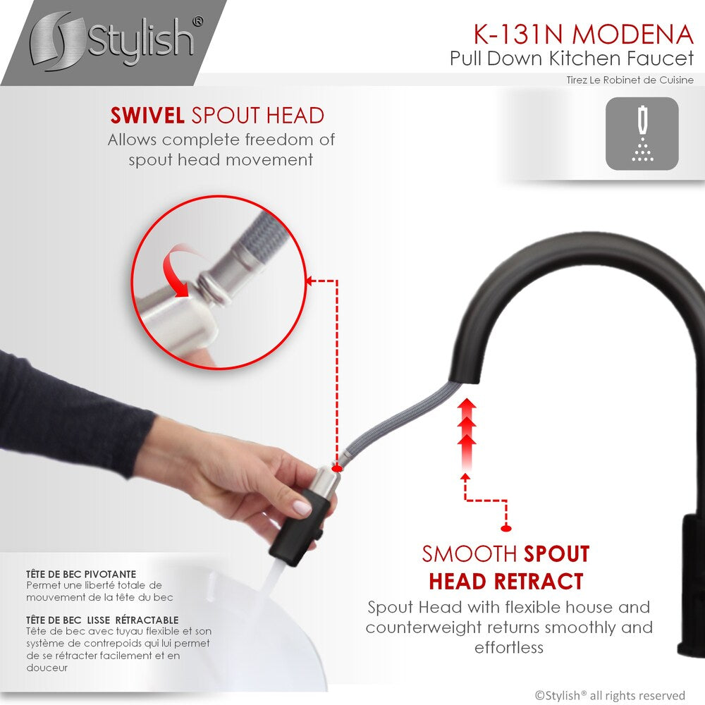 Modena Single Handle Pull Down Kitchen Faucet with Water Tap in Mate Black Finish