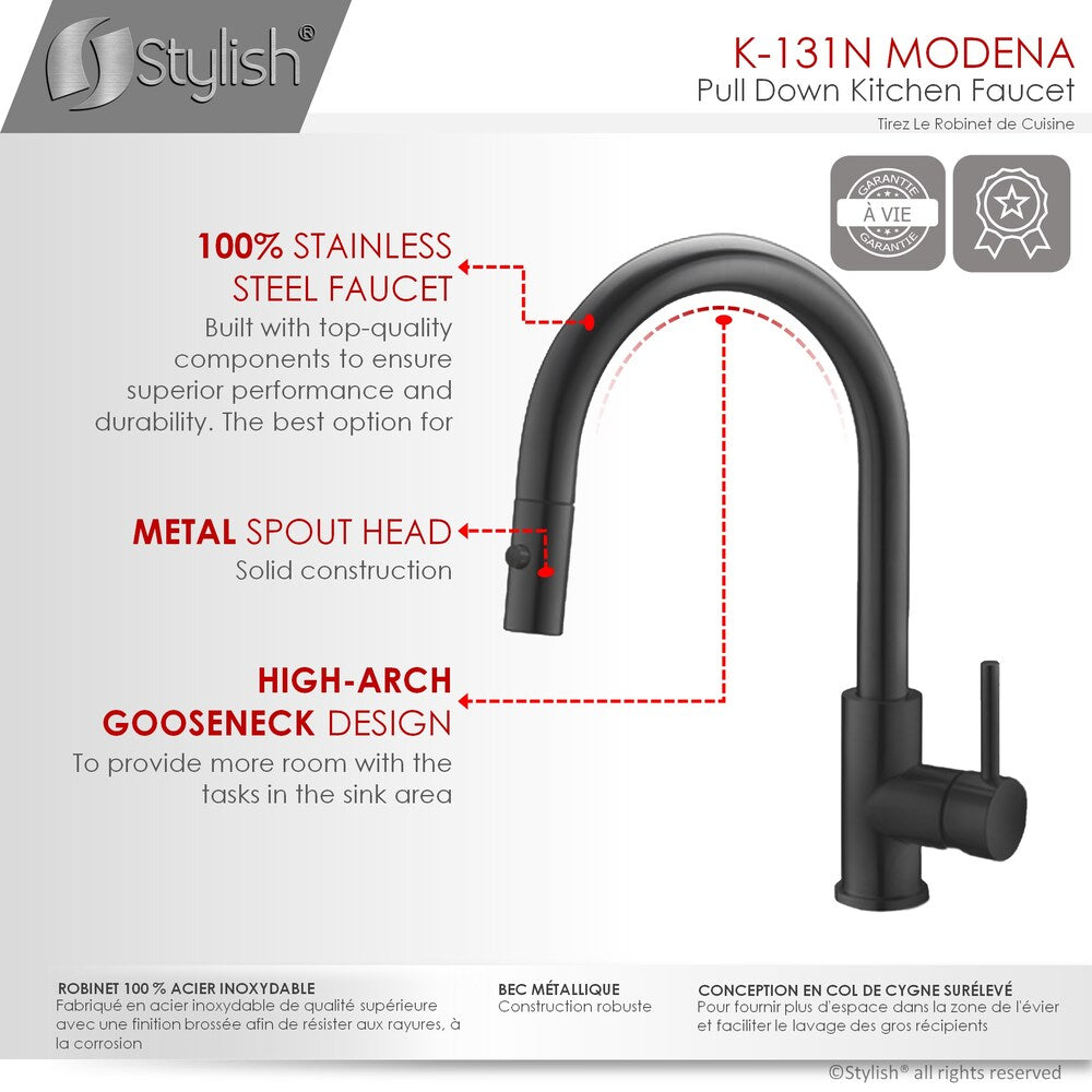 Modena Single Handle Pull Down Kitchen Faucet with Water Tap in Mate Black Finish