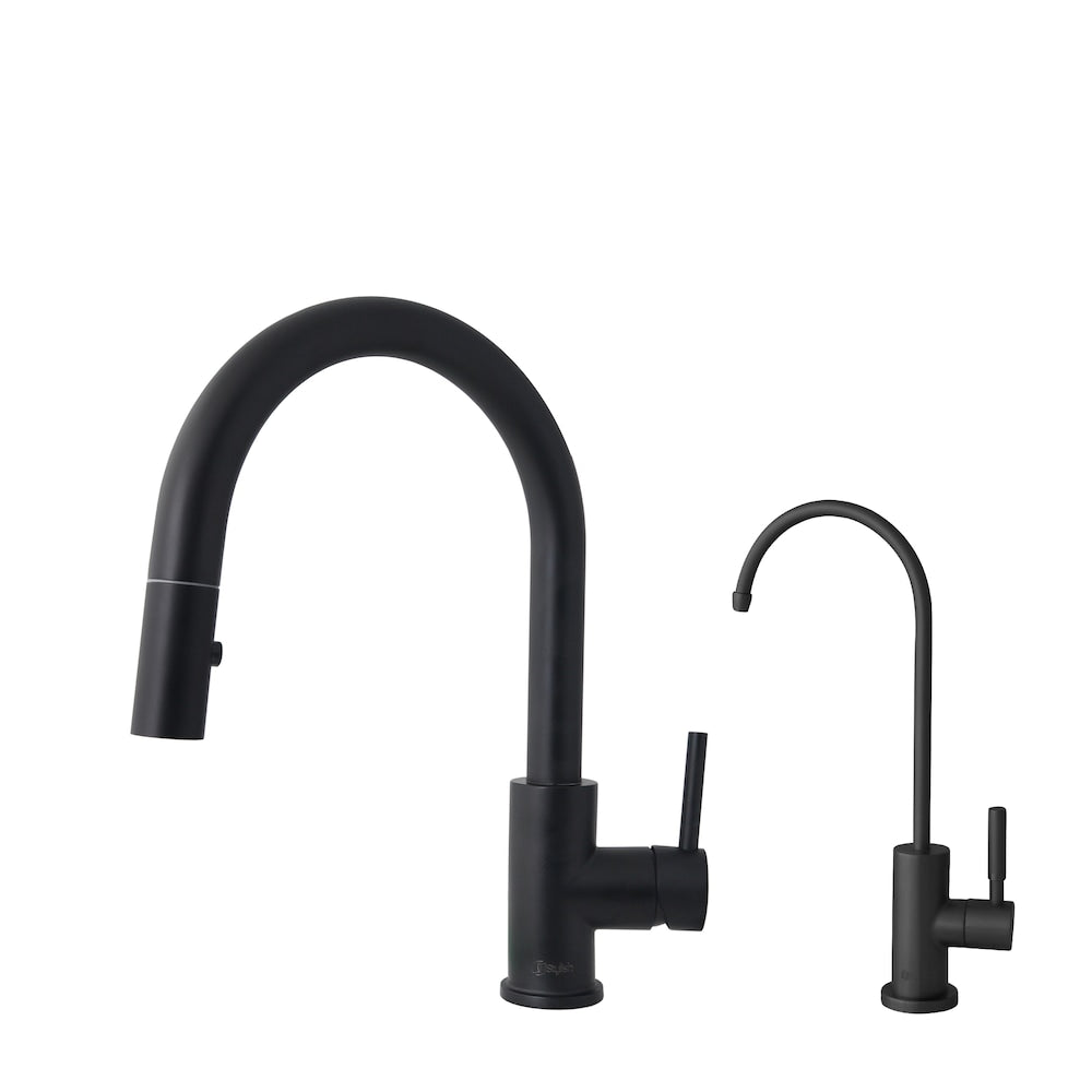 Modena Single Handle Pull Down Kitchen Faucet with Water Tap in Mate Black Finish