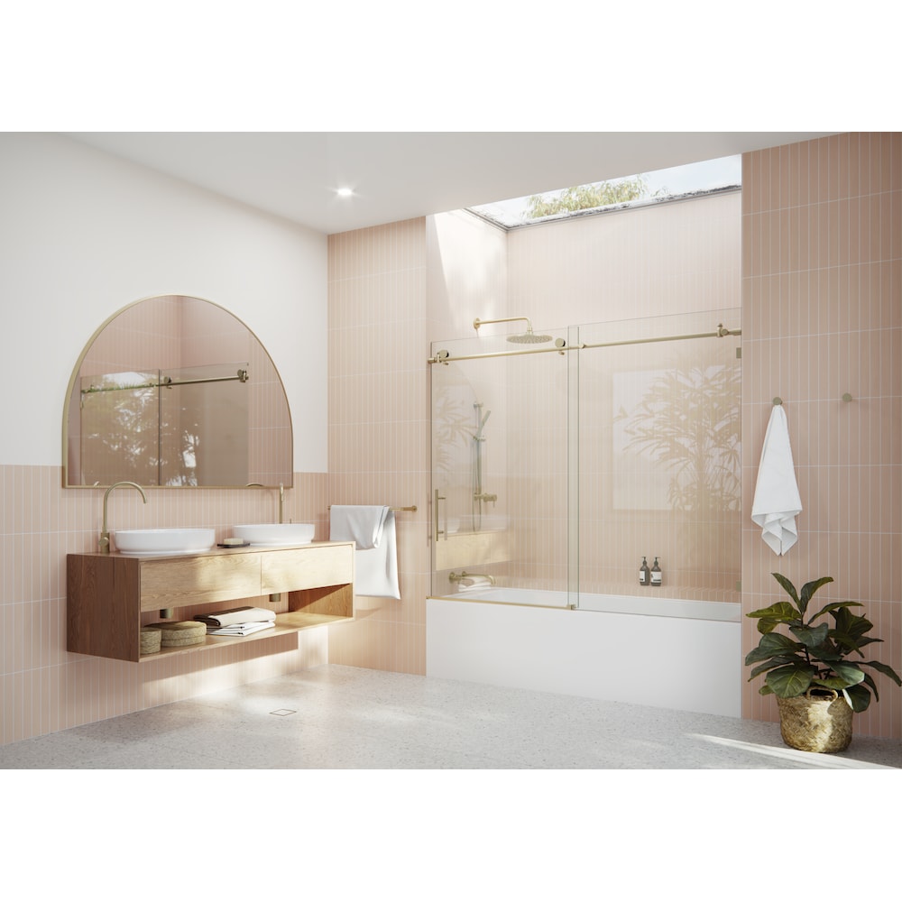 Eclipse 72 inch W x 60 inch H Sliding Frameless Bathtub Shower Door in Satin Brass Finish