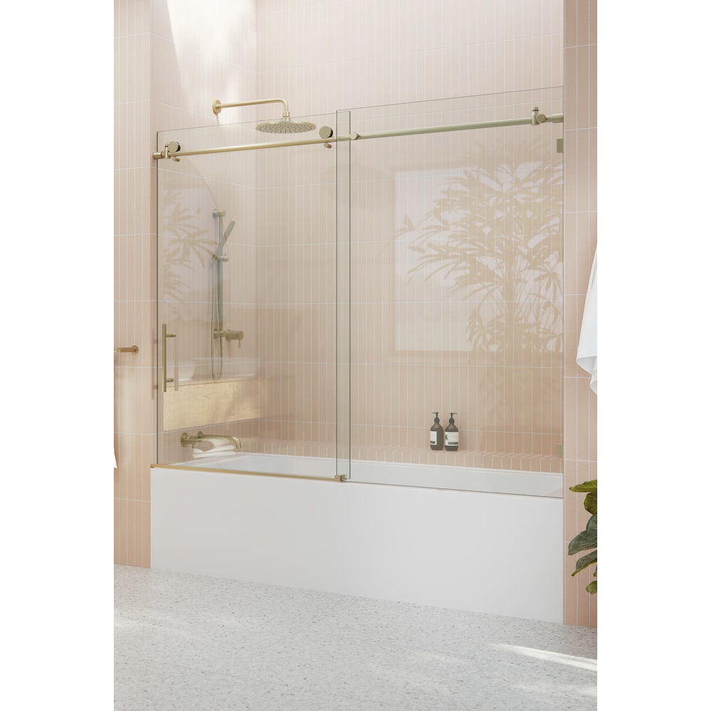 Eclipse 72 inch W x 60 inch H Sliding Frameless Bathtub Shower Door in Satin Brass Finish