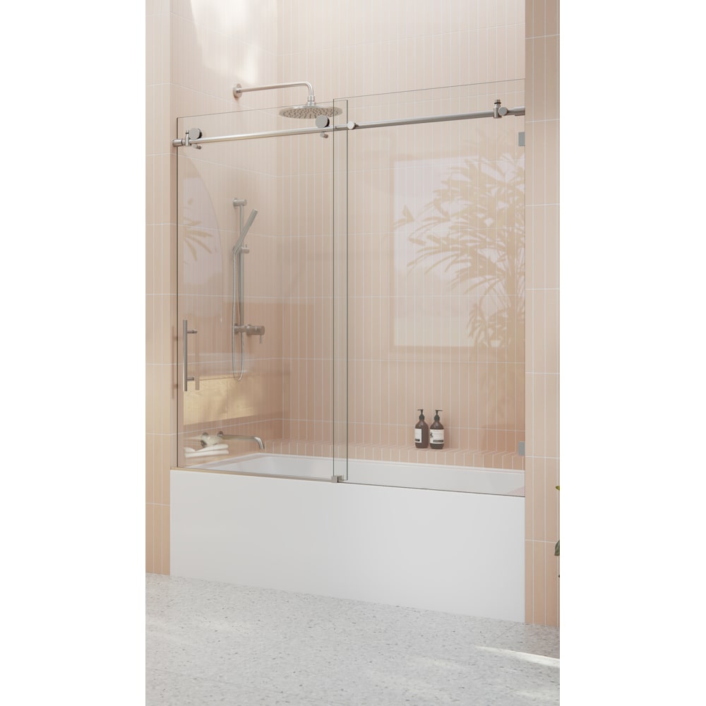 Eclipse 60 inch W x 60 inch H Sliding Frameless Bathtub Shower Door in Brushed Nickel Finish