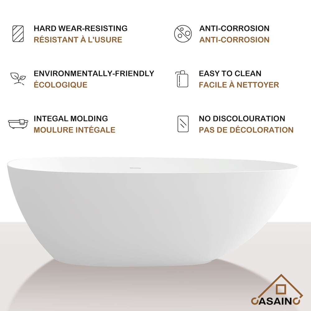 Solid Surface 59 inch Free-Standing Oval Bathtub with Centre Drain in Matte White