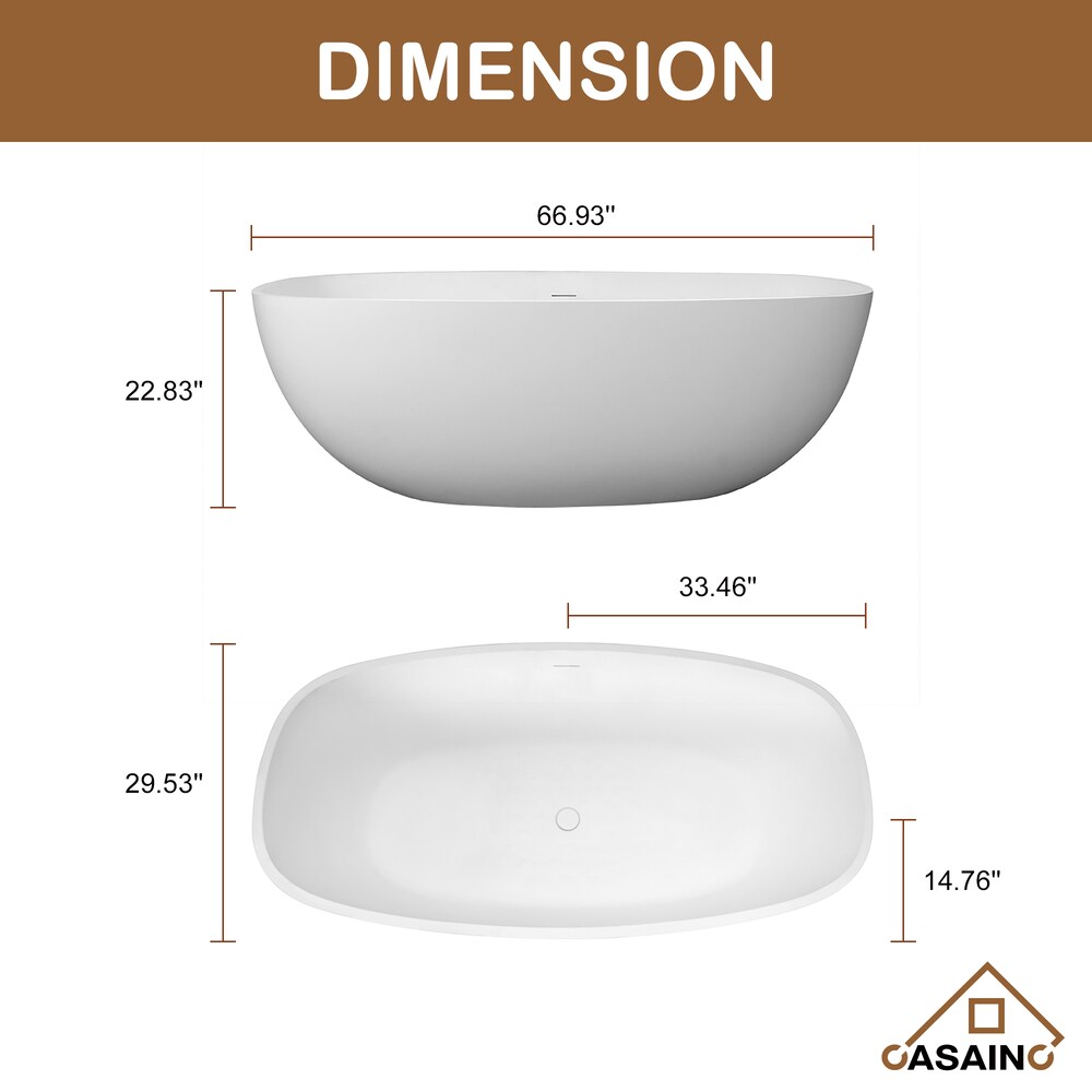 Solid Surface 67 inch Free-Standing Oval Bathtub with Centre Drain in Matte White