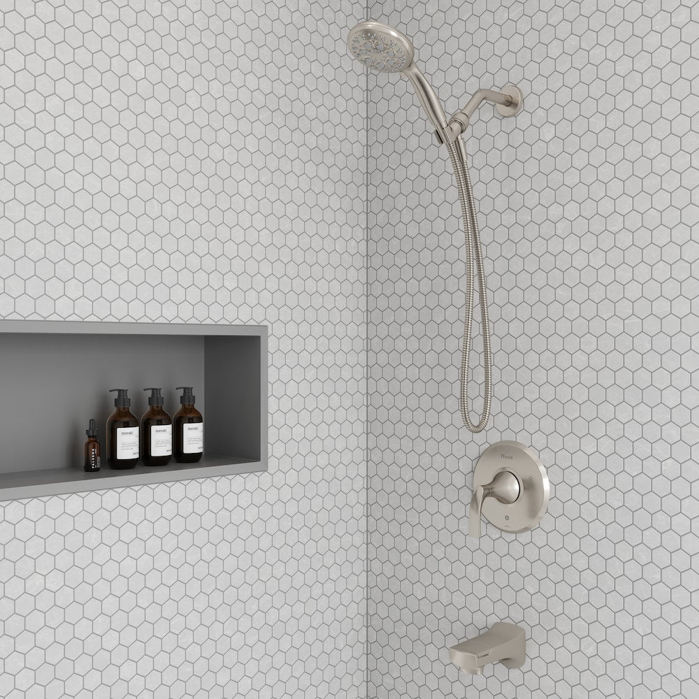 Karci Tub and Shower with Handshower in Spot Defense Brushed Nickel