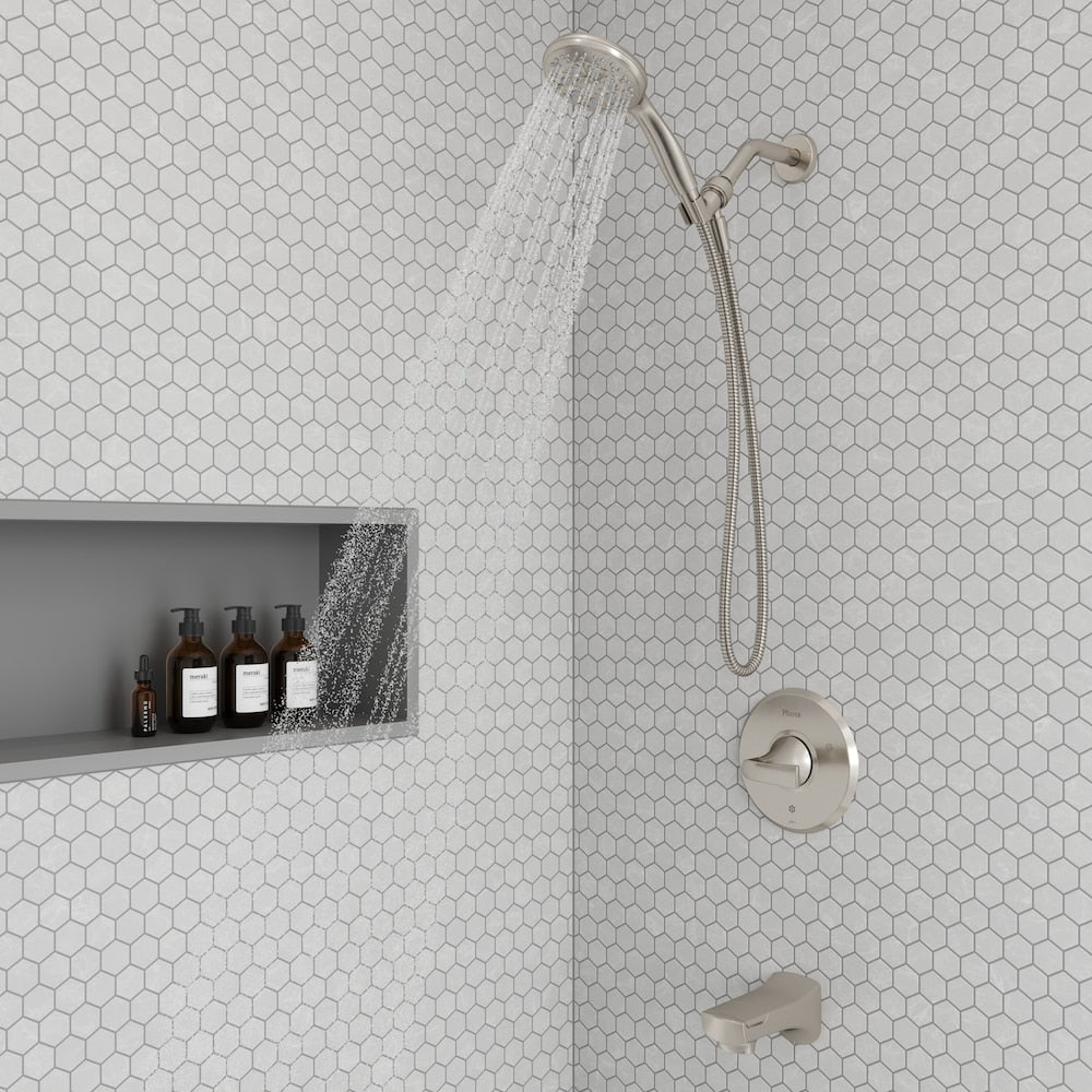 Karci Tub and Shower with Handshower in Spot Defense Brushed Nickel