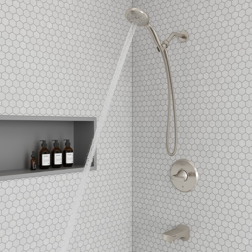 Karci Tub and Shower with Handshower in Spot Defense Brushed Nickel