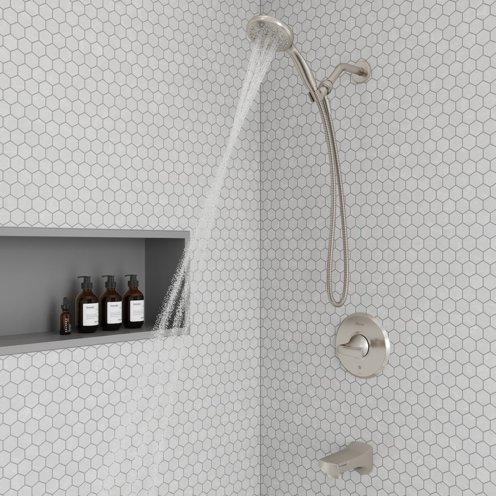 Karci Tub and Shower with Handshower in Spot Defense Brushed Nickel