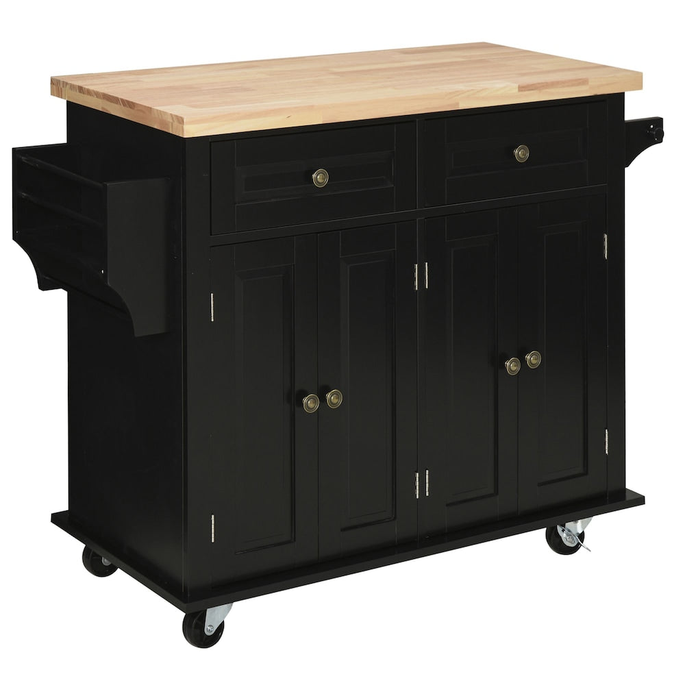43.75-inch W Rolling Kitchen Island with Spice Rack, Towel Rack and Drawer, Black