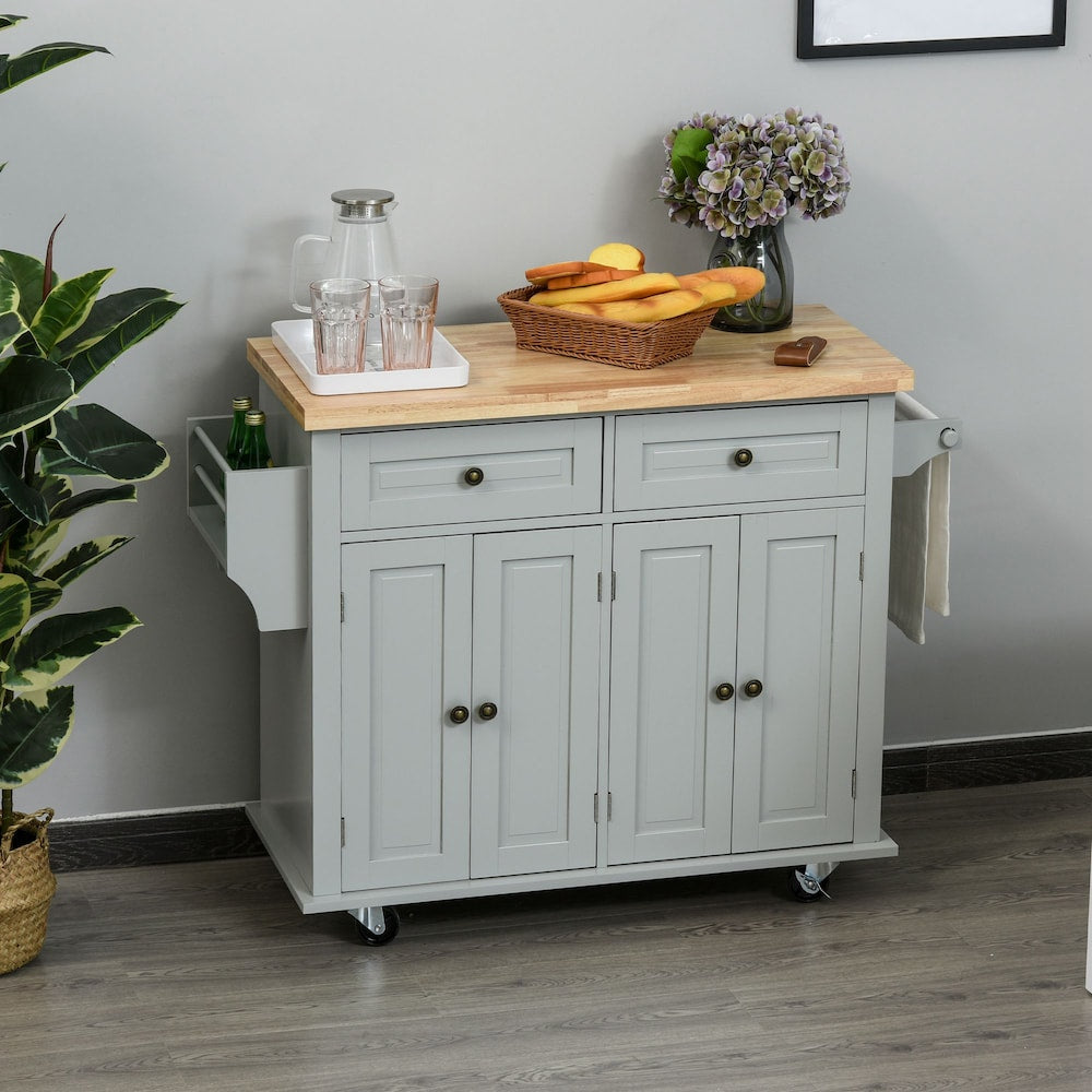 43.75-inch W Rolling Kitchen Island with Spice Rack, Towel Rack and Drawer, Grey