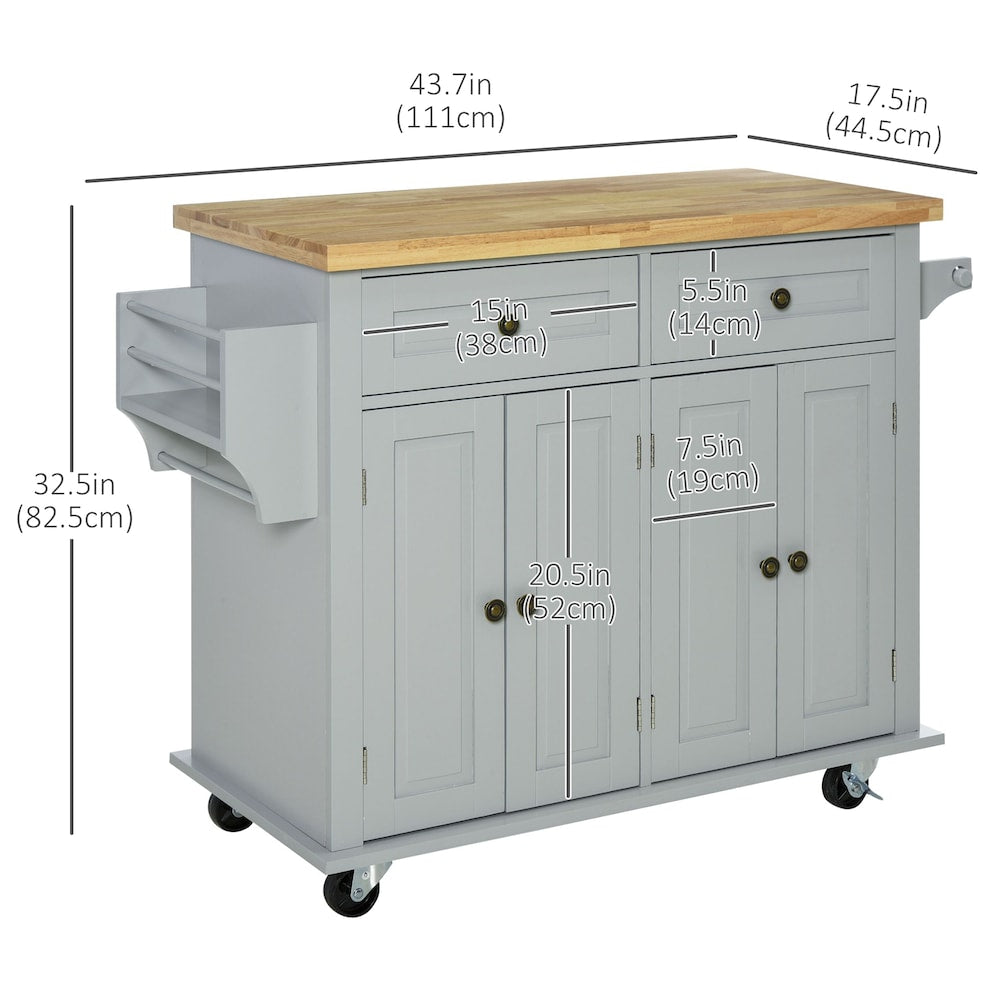 43.75-inch W Rolling Kitchen Island with Spice Rack, Towel Rack and Drawer, Grey