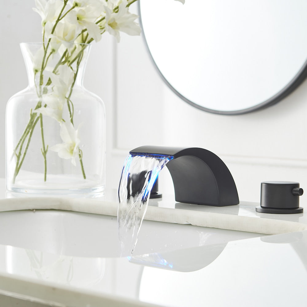 Robinet de salle de bain à 2 poignées de 8 pouces avec lumière LED et drain en noir mat
