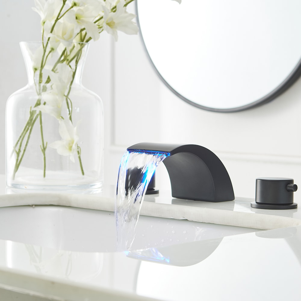 Robinet de salle de bain à 2 poignées de 8 pouces avec lumière LED et drain en noir mat
