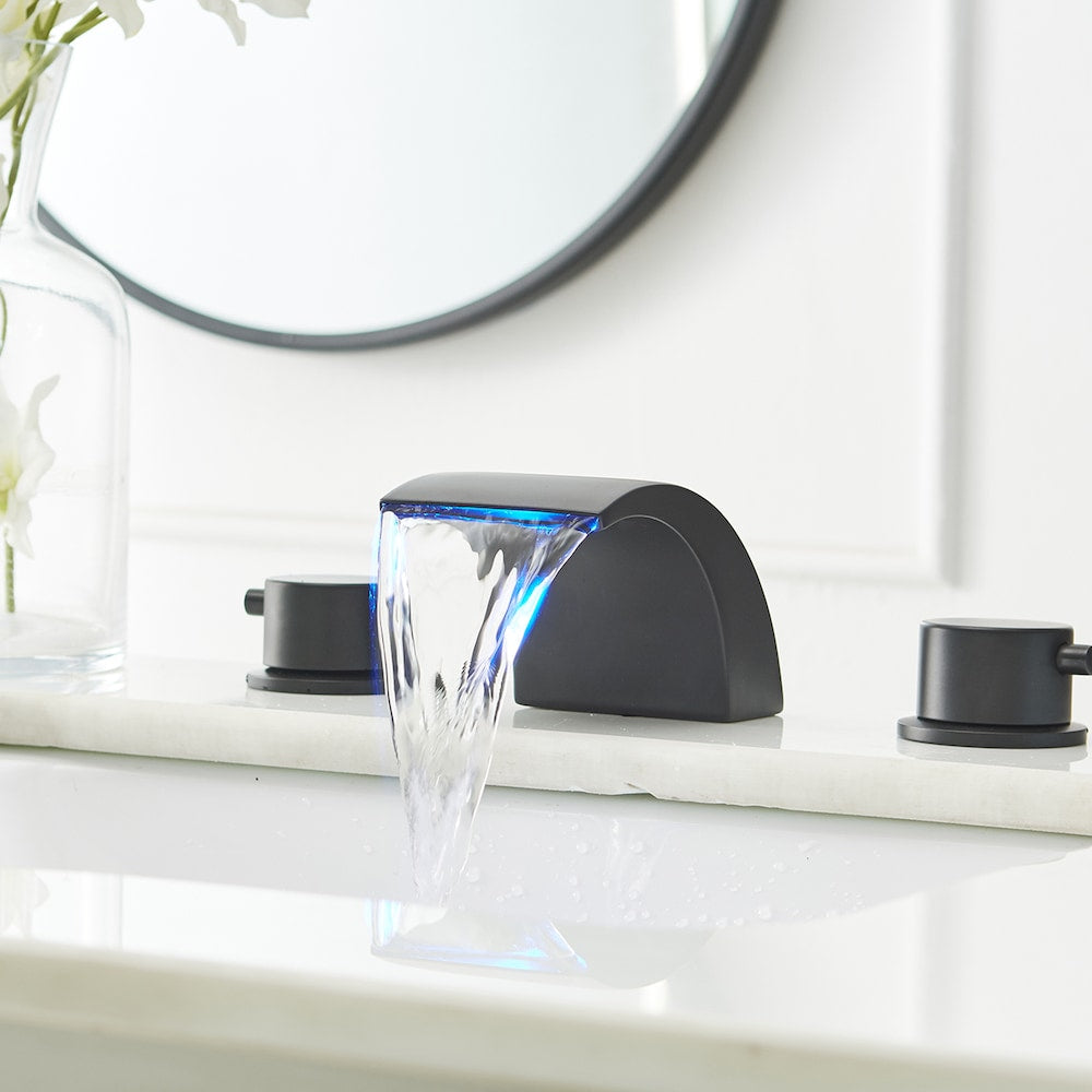 Robinet de salle de bain à 2 poignées de 8 pouces avec lumière LED et drain en noir mat